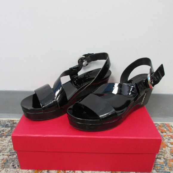 BCBG Girls Patty Women 7 Black Sandals Open Toe Wedge Heel Chunky y2k Brat 548 - Picture 1 of 9